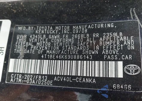 2009 Toyota Camry Le from USA, damaged, VIN 4T1BE46K69U886143